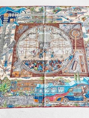 Colorful Music & Travel Illustrated Scarf 100% silk, 90 x90cm. Brand new